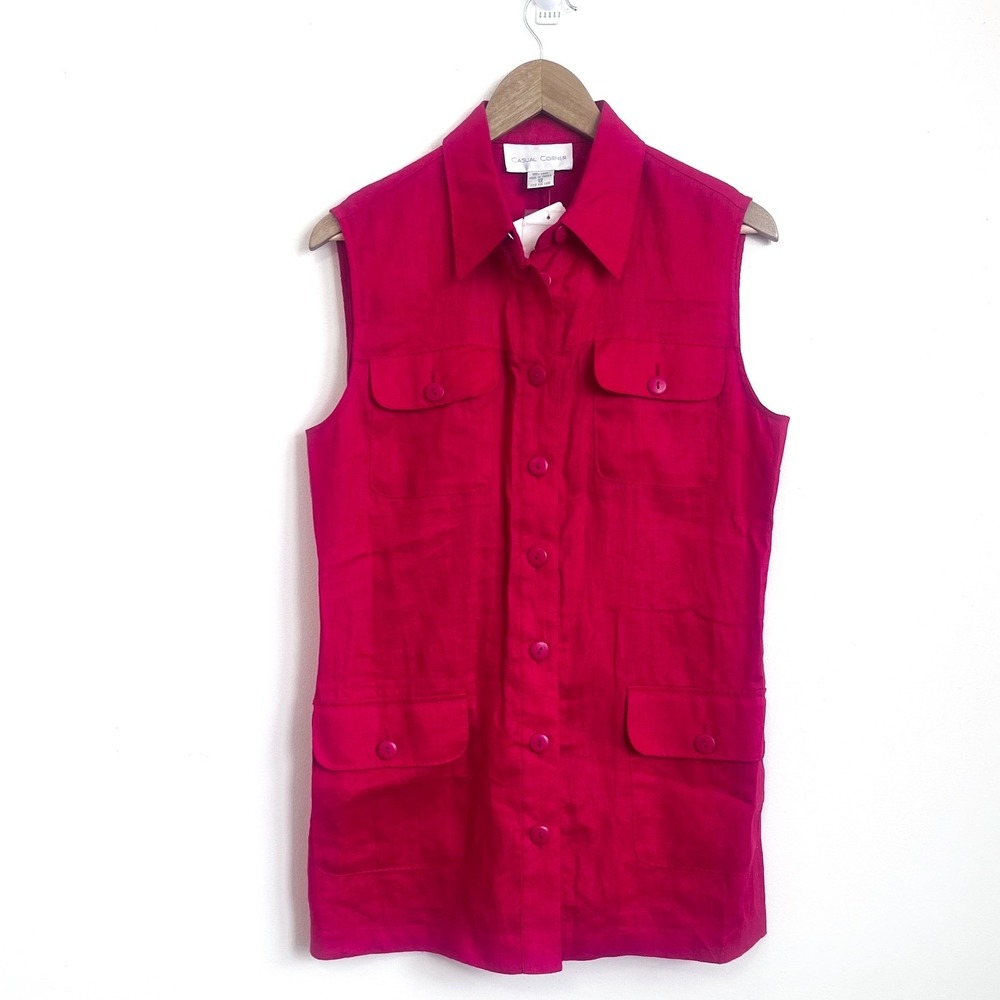 Vintage Casual Corner Womens 100% Linen Shirt Size 12 Red Button Up Pockets Work